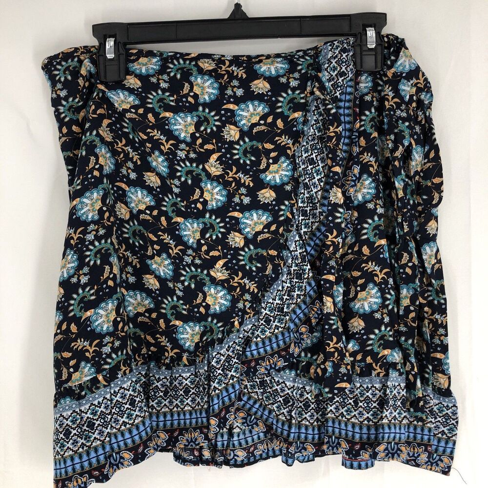 Shein Skirt Women's XL Faux Wrap A-Line Above Knee Blue Floral Lightweight